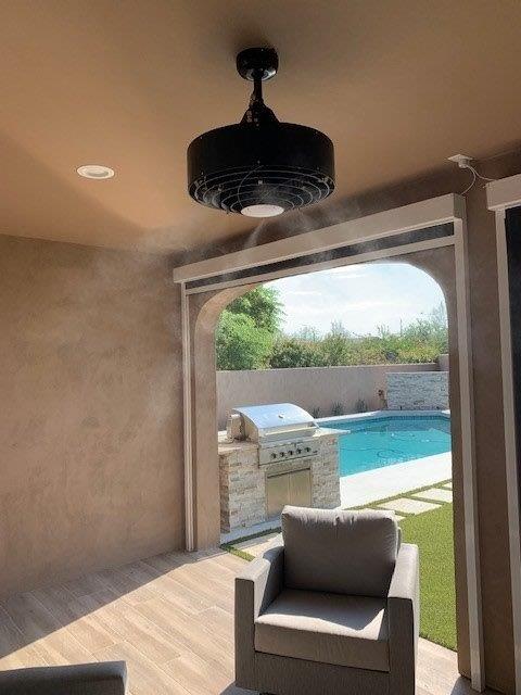 Misting fan installed on residential patio